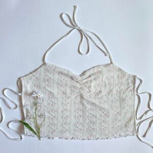 White floral halter crop top